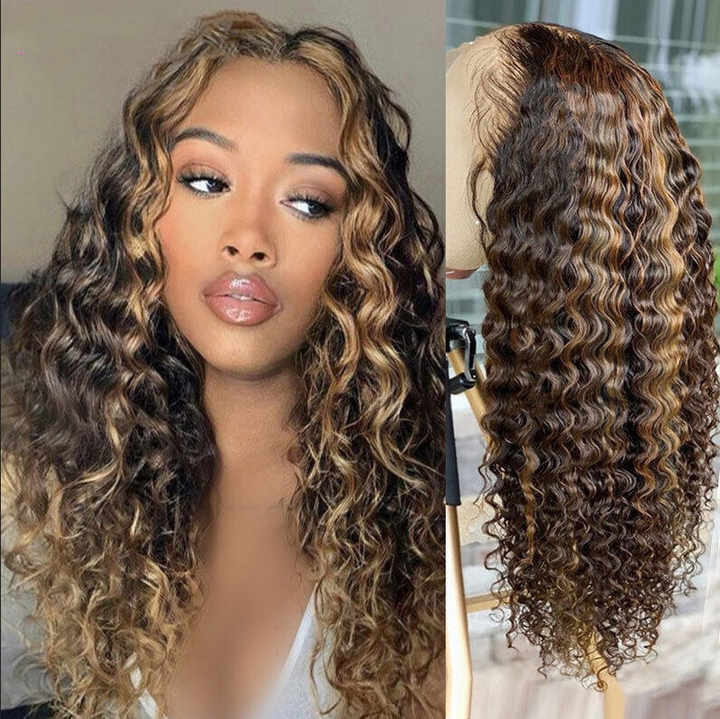 Deep Wave HD Lace Front Wig – Brown & Black Highlight Curly Glueless Wig